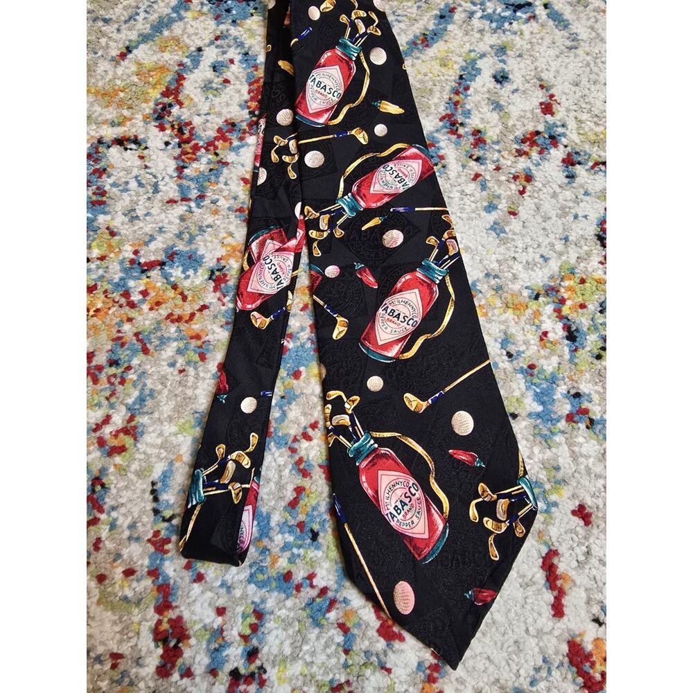 Vintage 90's Tabasco Hot Sauce 100% Silk Necktie Black Golf 57" Louisiana